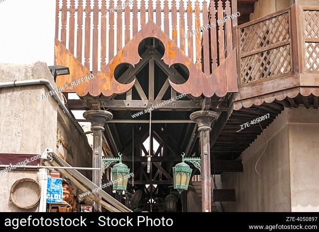 Dubai City of Gold Souq, wooden entrance to, Deira. Dubai, United Arab Emirates, Middle East