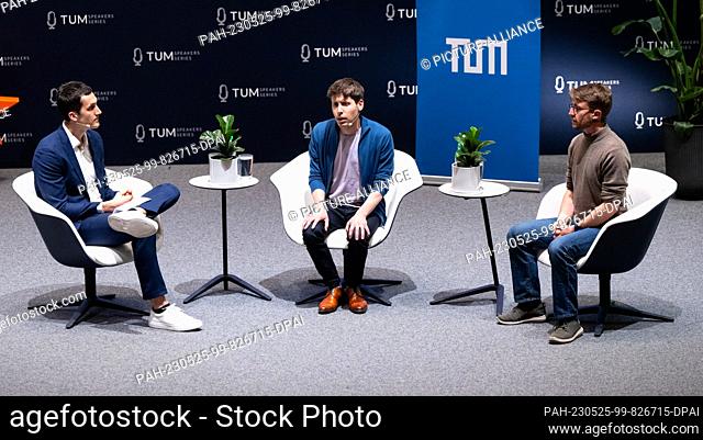 25 May 2023, Bavaria, Munich: Reinhard Heckel (l-r), professor of machine learning at the Department of Computer Engineering at TUM, Sam Altman