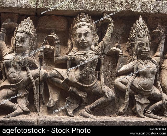 Detail. Sculptures of The Leper King Terrace. Angkor Thom. Siem Reap. Cambodia. . The Terrace of the Leper King (or Leper King Terrace) is located in the...