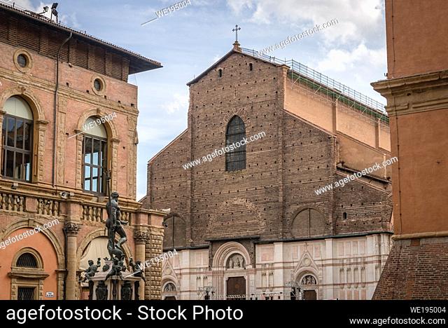 San Petronio Basilica on Piazza Maggiore in Bologna, capital and largest city of the Emilia Romagna region in Northern Italy