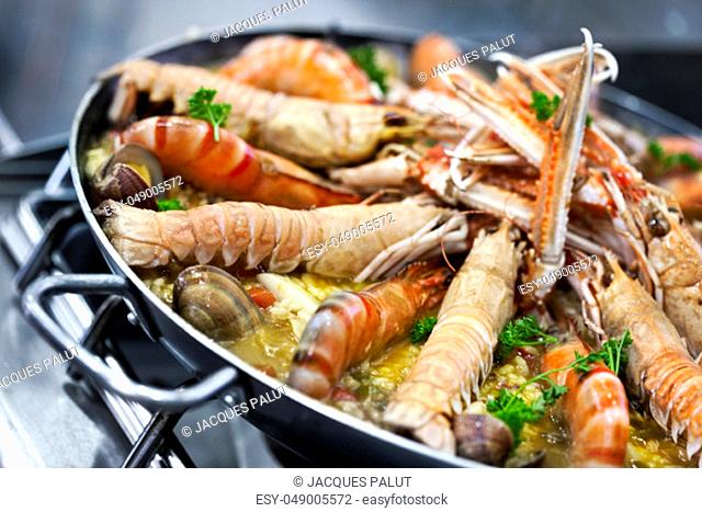 Close up of a sea food paella dish