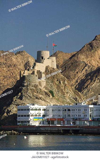 Oman, Muscat, Mutrah, Buildings along Mutrah Corniche and Mutrah Fort
