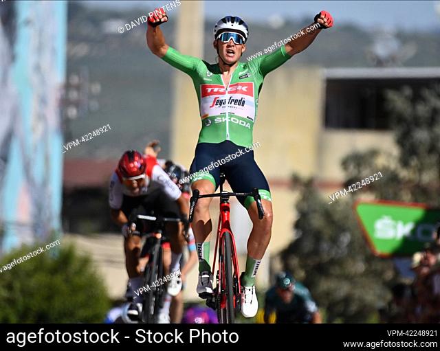 Danish Mads Pedersen of Trek-Segafredo celebrates after winning stage 13 of the 2022 edition of the 'Vuelta a Espana', Tour of Spain cycling race
