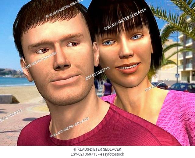 Porträt eines verliebten Paares, das sich auf der Promenade unter Palmen trifft