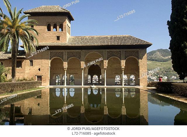 Pond and Torre de las Damas in Partal palace complex, Alhambra, Granada. Andalusia, Spain