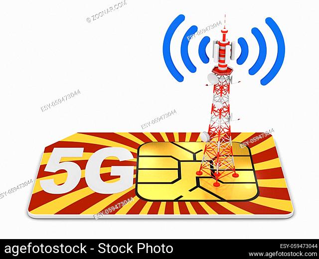 Sim card with the inscription 5G and telecommunication tower with signal. 3g render