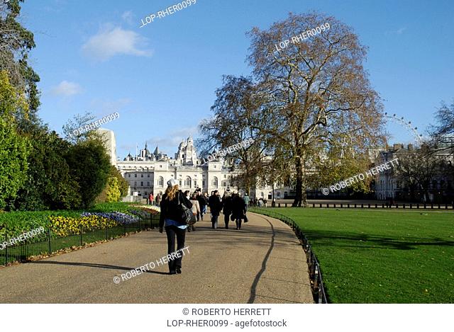 England, London, Westminster, A view of people strolling in St James Park in Westminster