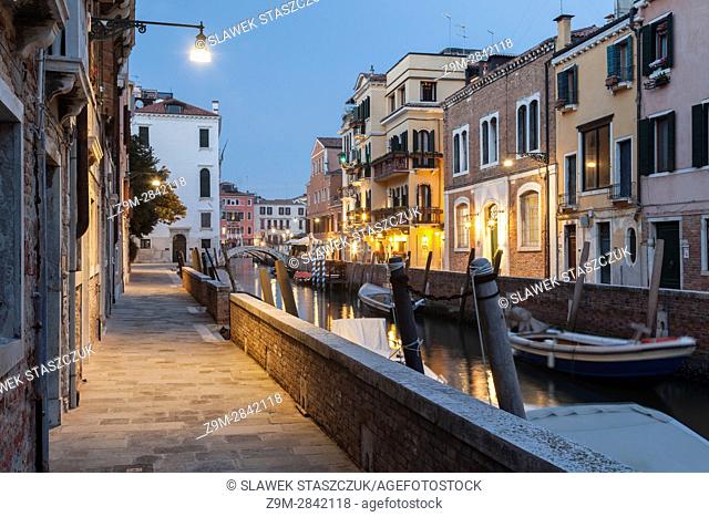 Night falls in the sestier of Dorsoduro, Venice, Italy