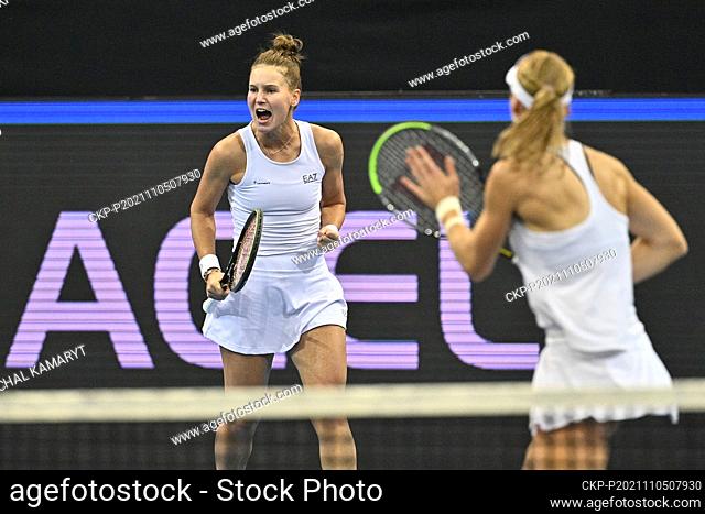 Russia's Liudmila Samsonova, right, and Veronika Kudermetova play against US Coco Vandeweghe and Shelby Rogers during the Women’s tennis Billie Jean King Cup...