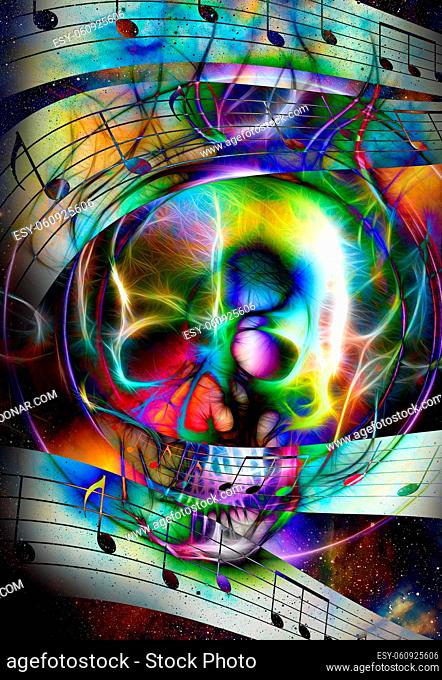 Skull and note. Skull fractal effect and fire effect. Color space background, computer collage