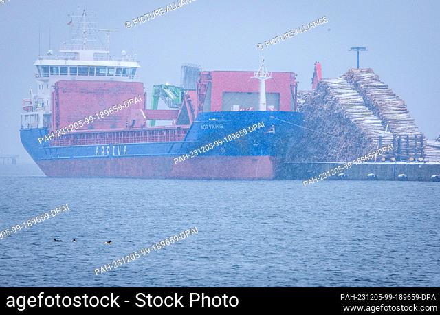 05 December 2023, Mecklenburg-Western Pomerania, Wismar: The cargo ship ""Nor Viking"" is unloaded in the seaport in heavy snow