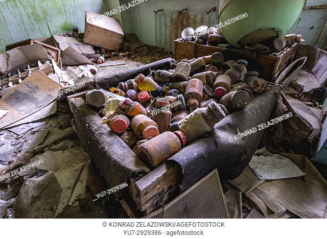 Old medicines in hospital complex in Pripyat ghost city of Chernobyl Nuclear Power Plant Zone of Alienation in Ukraine