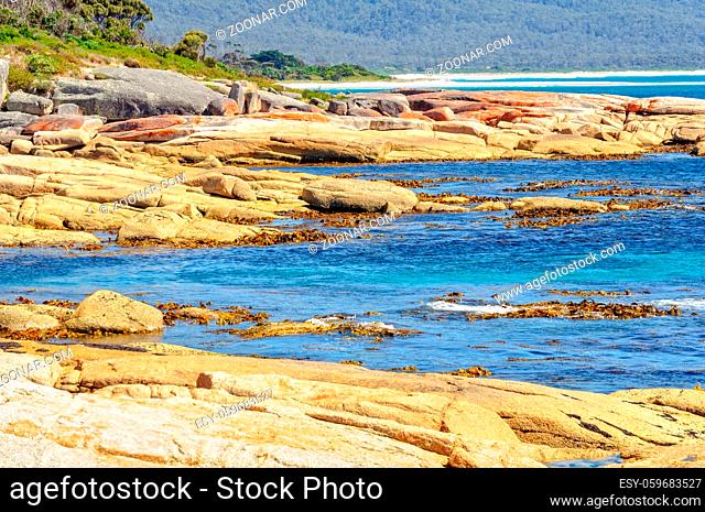 Blue water and red rocks coloured by lichen - Bicheno, Tasmania, Australia
