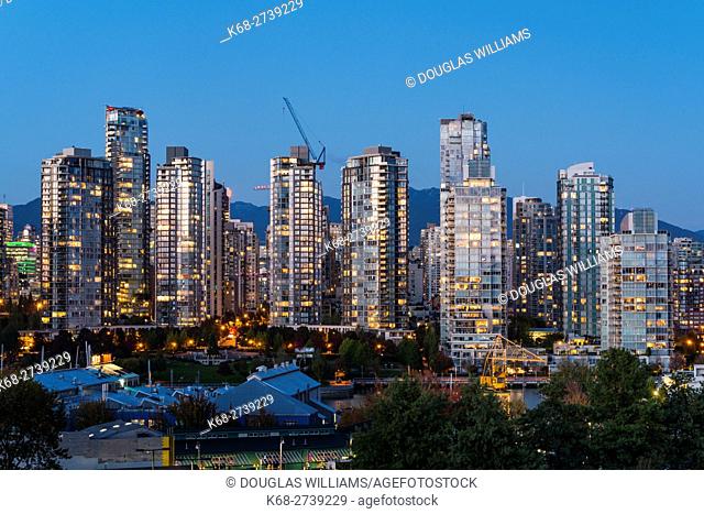 Apartment towers on the north side of False Creek in the evening, Vancouver, BC, Canada
