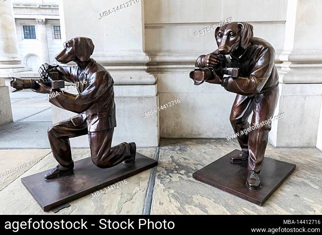 England, London, City of London, The Royal Exchange, Sculpture titled Paparazzi Dogs showing Dogs Taking Photos by Gillie and Marc
