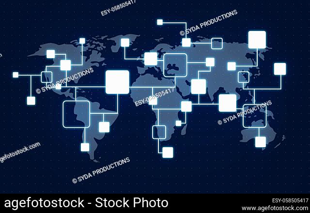 network and world map over dark blue background