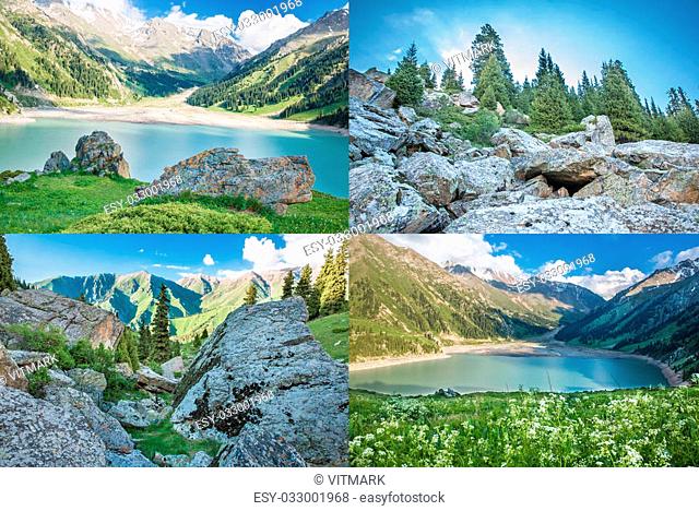 Collage of panorama of spectacular scenic Big Almaty Lake , Tien Shan Mountains in Almaty, Kazakhstan, Asia at summer