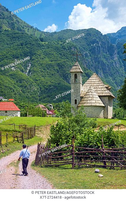 The village of Theth, with its shingle roofed church, Northern Albania