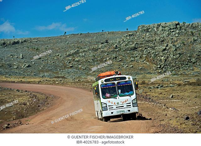 Local bus passing the Sanetti Plateau, Bale Mountains, Oromiya, Ethiopia