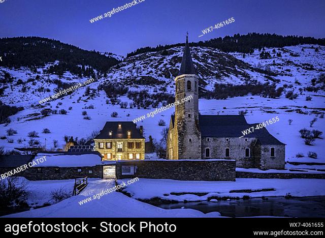 Montgarri hut and church at night in winter (Aran Valley, Catalonia, Pyrenees, Spain)