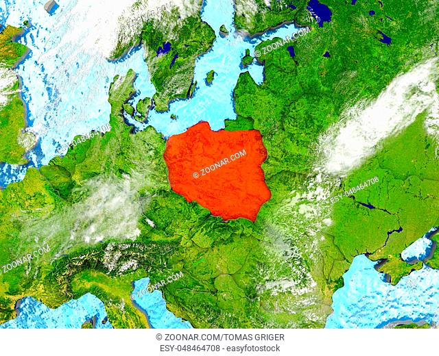 Poland in red on map with detailed landmass texture, realistic watery oceans and clouds above the surface. 3D illustration