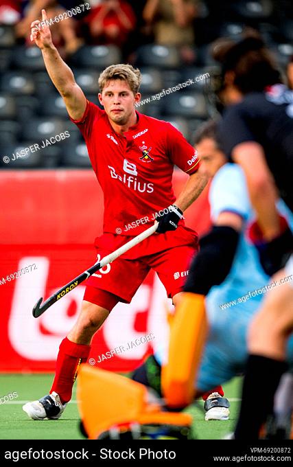 Belgium's Victor Wegnez reacts during a hockey game between Belgian national team Red Lions and New Zealand, match 8/12 in the group stage of the 2023 Men's FIH...