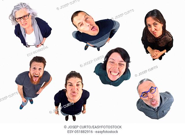 group of people making faces on white