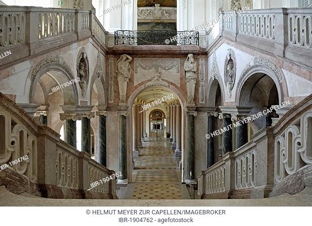 Staircase and the lower columned hall, New Schleissheim Palace, 1719 - 1726, Max-Emanuel-Platz square 1, Oberschleissheim, Bavaria, Germany, Europe