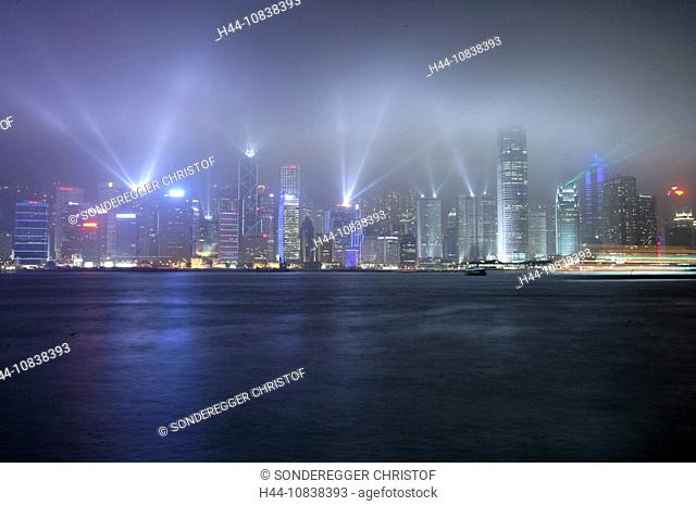 China, Asia, Hong Kong, View, from Kowloon, Skyline, April 2008, at night, sky tracker, light, city, town, foggy, sea