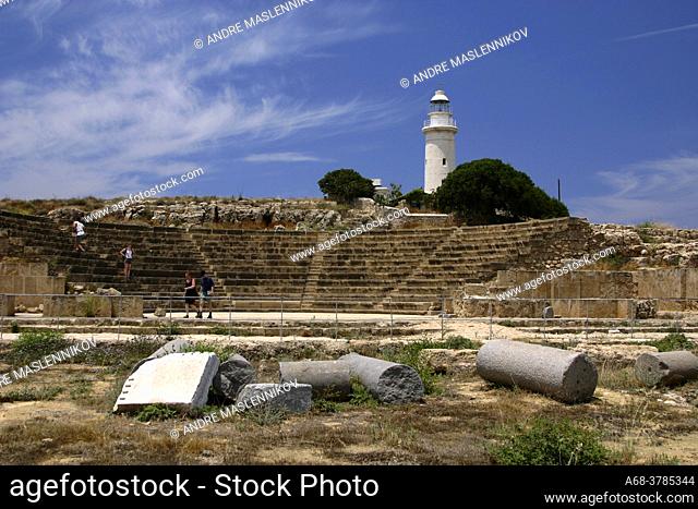 Lighthouse at the ruins of the Odeon Musical Theater from Roman times outside Paphos, Cyprus