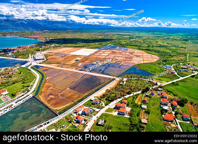 Nin. Historic Nin sea salt field productions plant aerial view, Dalmatia region of Croatia