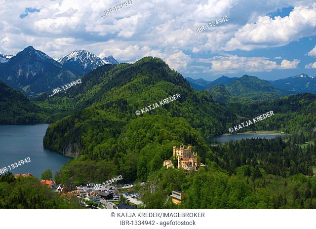 View from Neuschwanstein Castle over Hohenschwangau with Alpsee Lake, Fuessen, Allgaeu, Bavaria, Germany, Europe