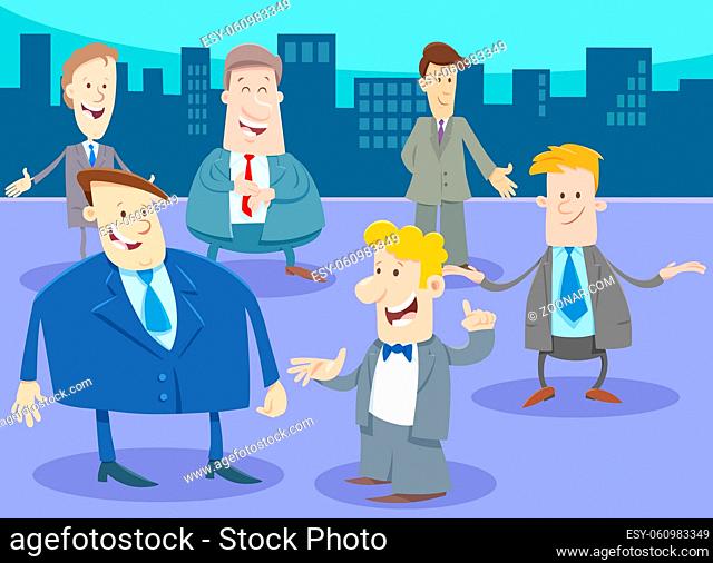 Cartoon illustration of funny men or businessmen people comic characters group in the city