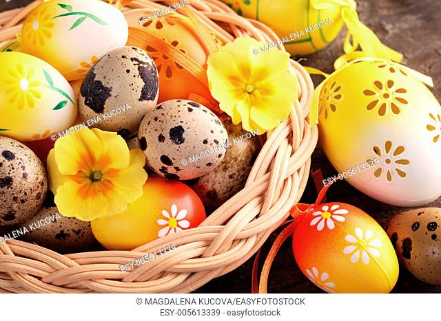 Close-up of Easter and quail eggs in basket