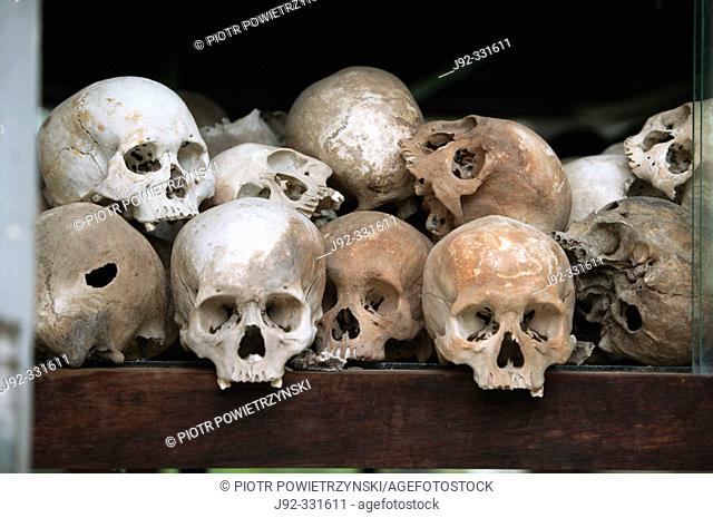 Skulls of the Khmer Rouge's victims exposed in stupa at the Killing Fields Memorial of Choeung Ek, near Phnom Pehn. Cambodia