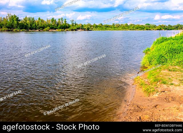 Panoramic view of Vistula river waters with sandy islands and shores of Lawice Kielpinskie natural reserve near Lomianki town north of Warsaw in central Mazovia...
