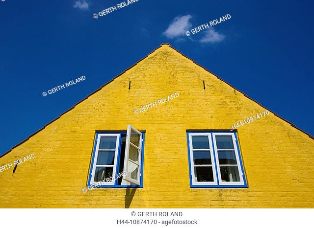 Aeroskobing, Denmark, island, isle, Aero, town, city, house, home, window, yellow house color, clouds