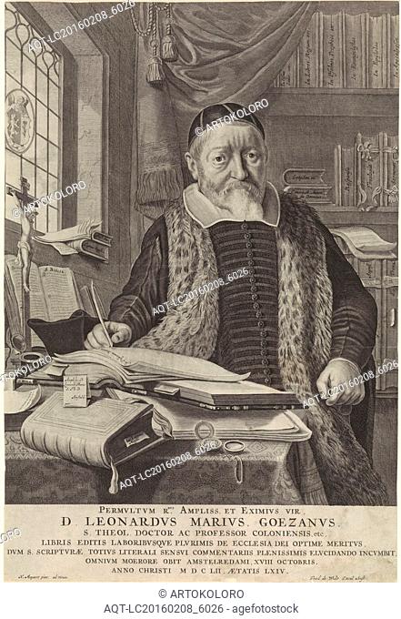 Portrait of Leonard Marius van der Goes in a study, print maker: Theodor Matham, Claes Moeyaert, Frederik de Wit, 1652 - 1676