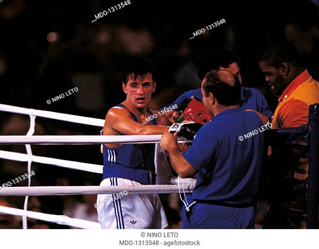 Maurizio Stecca on the ring. The Italian boxer Maurizio Stecca having a rest on the ring after a match in the bantamweight division at Los Angeles Olympics