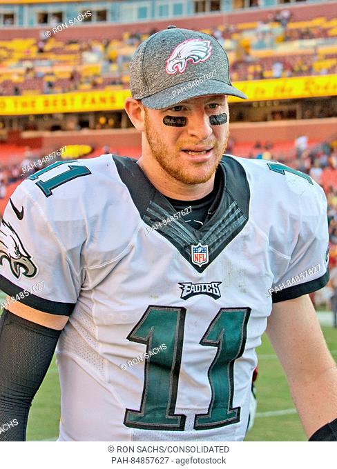 Philadelphia Eagles quarterback Carson Wentz (11) leaves the field following his team's 27 - 20 loss to the Washington Redskins at FedEx Field in Landover