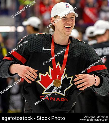 Bowen Byram of Canada celebrates after winning the 2020 IIHF World Junior Ice Hockey Championships final game between Russia and Canada in Ostrava