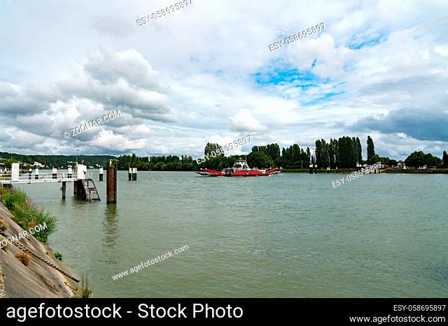 Duclair, Seine-Maritime / France - 13 August 2019: car and truck ferry crossing the Seine River in Duclair in Upper Normandy