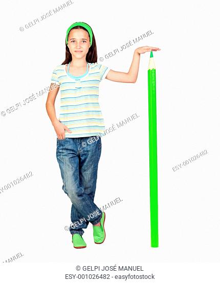 Adorable student girl with a giant green pencil