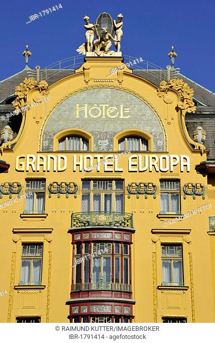 Art Nouveau statues on the gable of the Grand Hotel Europa, Wenceslas Square, Prague, Bohemia, Czech Republic, Europe