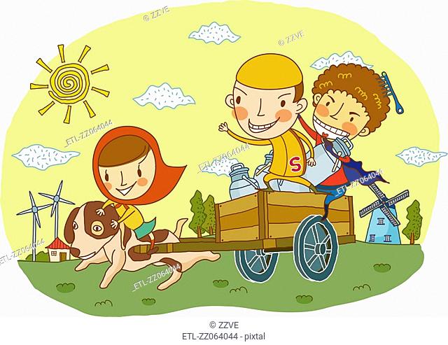 Friends sitting on dog cart