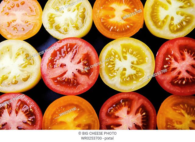 Closeup of multicolored tomato slices