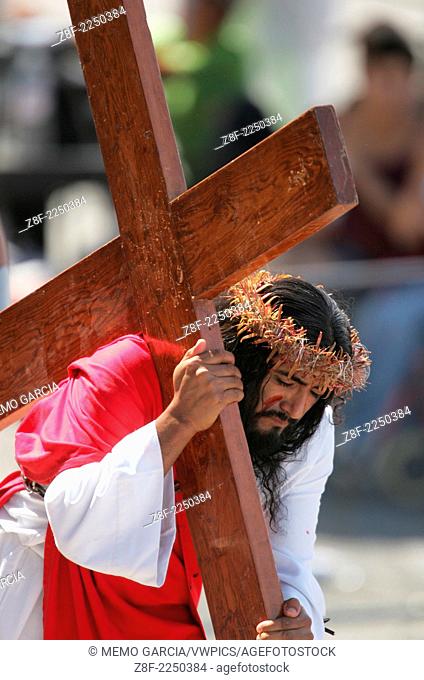 Good Friday, The Crucifixion. Catolic celebration of the Holly Week. The death of Jesus on the cross represented in San Luis Potosi, Mexico