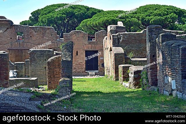 Ostia, fragment of the city, remains of houses, pine trees