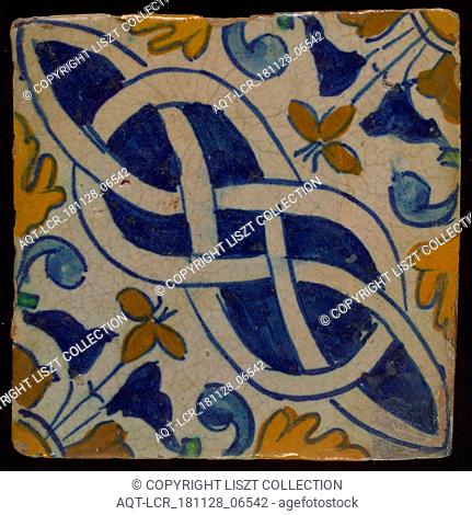 Ornament tile, multicolored, in blue, yellow, brown and green on white ground, diagonally-colored basketwork with corner pattern