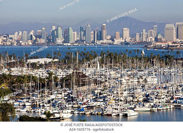 Shelter Island and downtown skyline, San Diego, California, USA